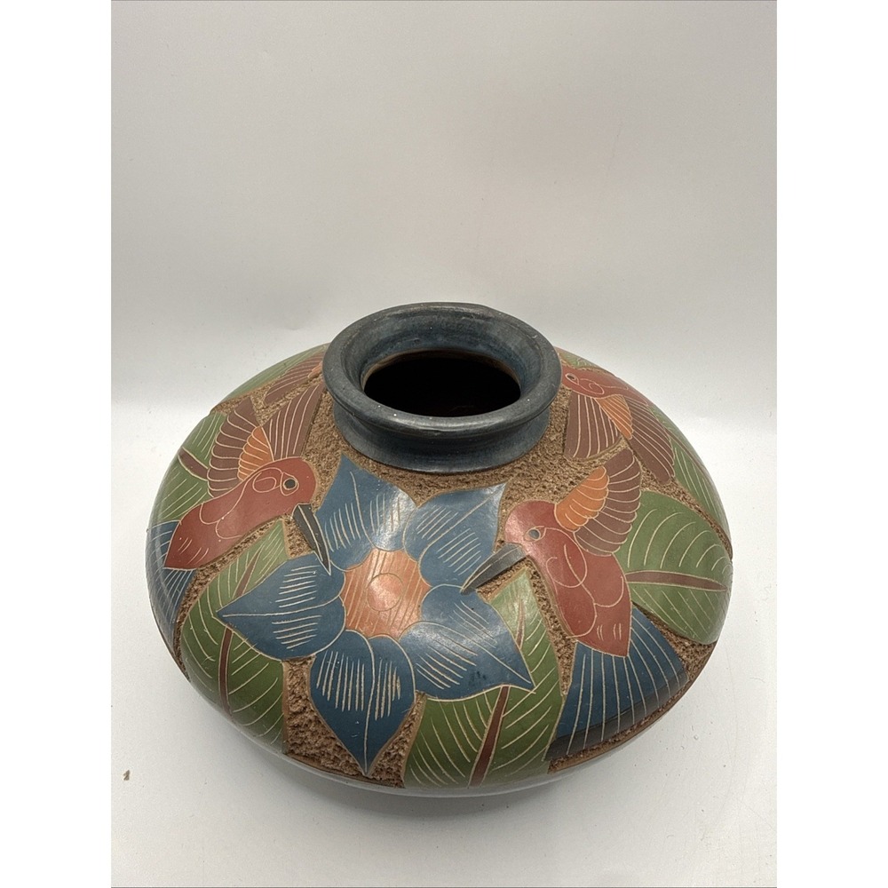 Nicaraguan Hand Made Seed Pot Carved  7" Round 4" Tall Gardening Flowers Plantin